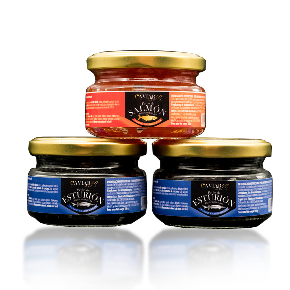 Aperitif Pack – Salmon & Sturgeon Pearls (3 × 100 g)Pack Aperitivo – Perlas de Esturión y Salmón (3 x 100 g)